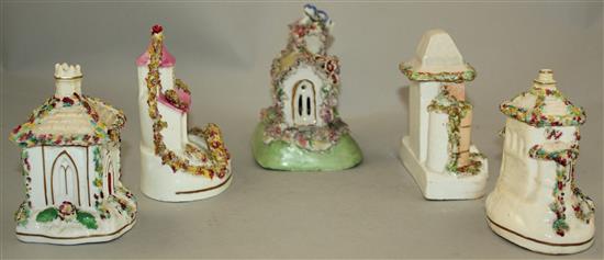 Five Staffordshire porcelain models of cottages and a church, mid 19th century, 10 - 11.5cm